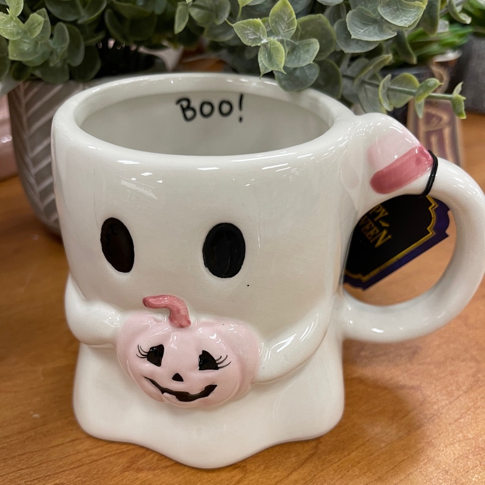 Pink Halloween Ghost w/Pink Pumpkin & Pink Candy Corn Boo Ceramic Coffee mug NWT